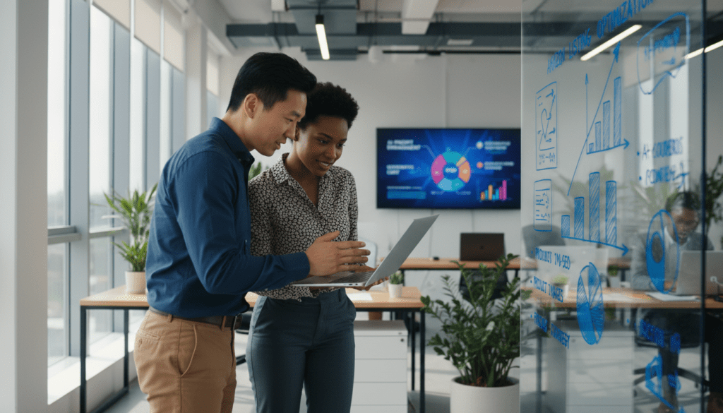 A modern office setting showcasing a diverse group of professionals, two individuals of different genders and ethnicities, collaborating intensely over a sleek laptop. The foreground features a whiteboard filled with analytics graphs and bullet points related to Amazon listing optimization, while a digital screen in the background displays vibrant visualizations of AI prompts enhancing product listings. Soft, natural lighting filters through large windows, creating a warm and inviting atmosphere. The camera angle captures a dynamic perspective, drawing attention to the engaged expressions on the professionals’ faces, highlighting motivation and collaboration. The overall mood conveys innovation, teamwork, and a passion for mastering eCommerce strategies.