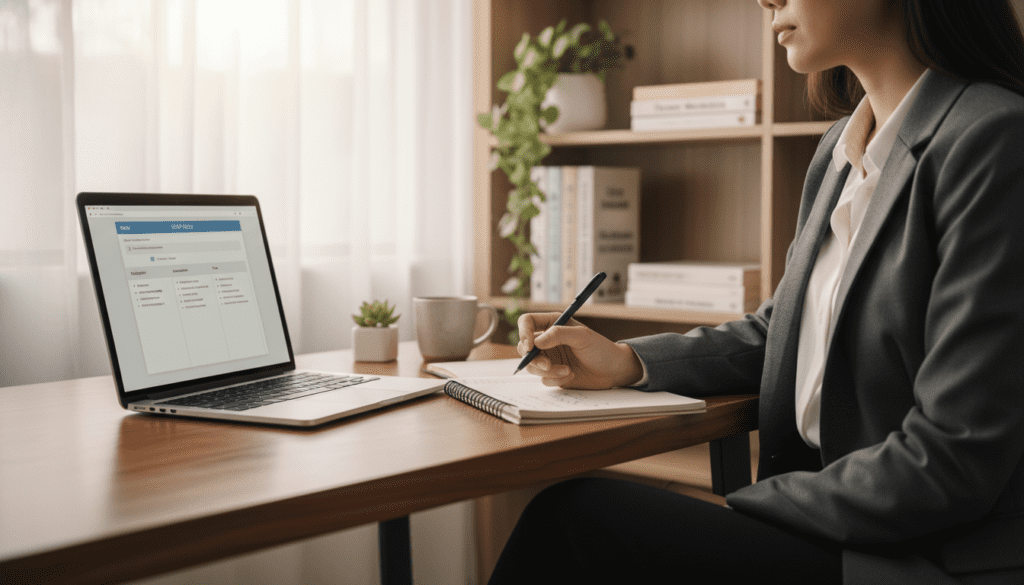 A modern office setting with a clean desk featuring a laptop displaying a digital SOAP note template for therapy. The foreground includes a professional therapist, a woman in business attire, attentively customizing the template with a pen and notebook beside her. In the middle ground, a bookshelf with therapy-related books and a plant adds warmth. The background shows a bright window with soft, natural light streaming in, creating an inviting atmosphere. The scene captures a moment of concentration and professionalism, highlighting the importance of tailoring therapeutic tools to individual needs. The image is well-framed with a shallow depth of field, emphasizing the therapist and the materials at hand. A modern office setting with a clean desk featuring a laptop displaying a digital SOAP note template for therapy. The foreground includes a professional therapist, a woman in business attire, attentively customizing the template with a pen and notebook beside her. In the middle ground, a bookshelf with therapy-related books and a plant adds warmth. The background shows a bright window with soft, natural light streaming in, creating an inviting atmosphere. The scene captures a moment of concentration and professionalism, highlighting the importance of tailoring therapeutic tools to individual needs. The image is well-framed with a shallow depth of field, emphasizing the therapist and the materials at hand.