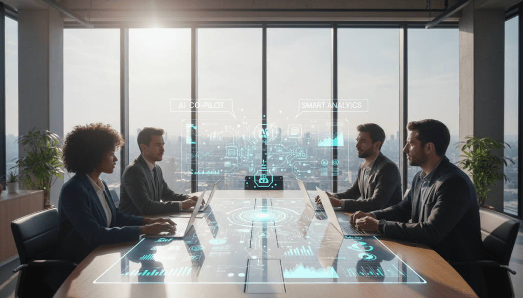 A modern office space portraying a diverse team engaged in a video call, showcasing collaboration enhanced by AI technology. In the foreground, a group of professionals in professional business attire, including a Black woman and Hispanic man, are seated around a sleek conference table with laptops open, focused on a digital screen displaying AI-driven analytics. The middle ground features a sophisticated AI interface with flowing data visuals and icons representing teamwork and communication tools. In the background, large windows let in bright, natural light, enhancing the atmosphere of innovation and productivity. The mood is dynamic and inspiring, emphasizing synergy and the positive impacts of technology on teamwork, captured in a wide-angle format to encompass the entire collaborative setting.