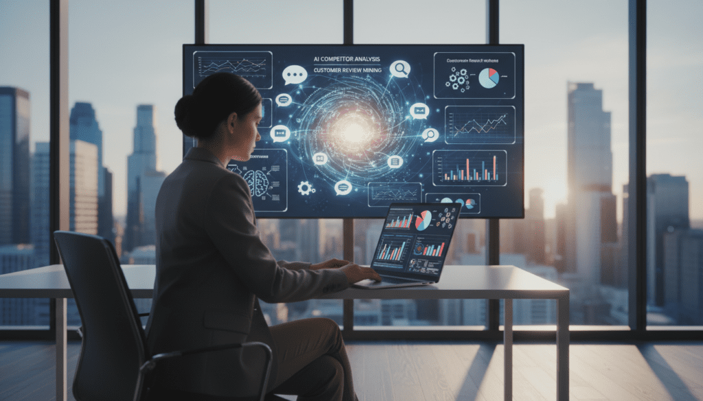 A modern office space showcasing a digital work environment focused on AI competitor analysis and customer review mining. In the foreground, a professional businesswoman in smart attire is analyzing data on a sleek laptop, with graphs and charts visibly displayed on the screen. In the middle ground, an interactive digital dashboard features swirling icons representing reviews, analytics, and artificial intelligence. The background depicts large windows revealing a city skyline, illuminated by natural light, creating a vibrant and dynamic atmosphere. The scene is balanced with warm lighting, emphasizing a collaborative and innovative mood while highlighting the tech-driven nature of AI insights. The lens captures a slight depth of field, drawing attention to the data analysis while softly blurring the background elements for focus.
