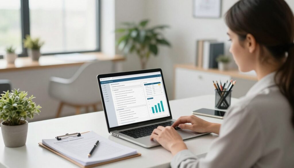 A modern office space showcasing a professional therapist’s integrated practice management tools, featuring a sleek desk with a laptop displaying therapy notes alongside digital charts and graphs. In the foreground, a focused therapist in business attire is engaged with the software, highlighting the AI integration. The middle ground features a well-organized workspace with plant accents and an open folder of client files, creating a productive atmosphere. In the background, a large window allows natural light to pour in, illuminating the room and casting soft shadows. The mood is one of efficiency and innovation, emphasizing a seamless blend of technology and therapy practice. Use a bright color palette and a shallow depth of field to draw attention to the therapist and their tools, with a slightly blurred background enhancing the sense of focus.