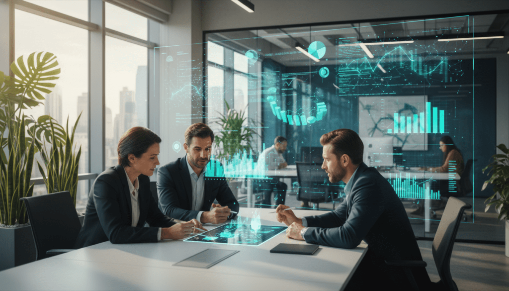 A modern office space showcasing the integration of artificial intelligence in business innovation. In the foreground, a diverse group of three professionals—two men and one woman—are engaged in a brainstorming session around a sleek table, their expressions focused and enthusiastic. The middle layer features a large digital screen displaying dynamic data visualizations and AI concepts, surrounded by futuristic holographic graphs and charts. In the background, a bright office environment with glass walls, green plants, and contemporary decor radiates a sense of creativity and collaboration. Soft, natural lighting filters through the windows, creating an inspiring atmosphere. The overall mood is energetic and forward-thinking, emphasizing the transformative power of AI in the business landscape.