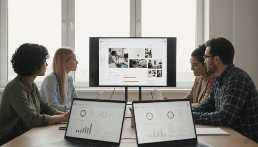 A modern office workspace featuring a diverse group of three professionals—two women and one man—engaged in a brainstorming session about AI-driven Pinterest tools. The foreground includes laptops open to a Pinterest dashboard, with colorful charts and analytics displayed. The middle layer shows a large digital screen projecting images generated by AI tools for Pinterest, showcasing innovative visual content ideas. In the background, a large window lets in soft, natural light, illuminating the room and creating a warm, collaborative atmosphere. The professionals are dressed in smart casual attire, focusing on their work while discussing ideas earnestly. The overall mood is innovative and energetic, reflecting the excitement of leveraging AI for growth on Pinterest.