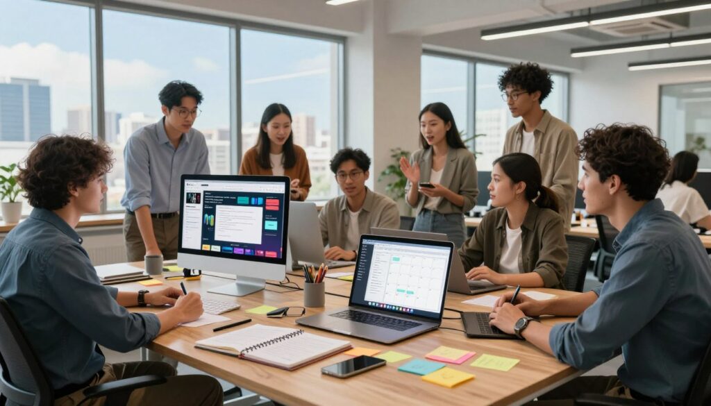 A modern office workspace featuring a sleek wooden desk at the forefront, cluttered with creative tools such as notepads, colorful sticky notes, and a laptop displaying an open digital content calendar. In the middle ground, a diverse group of professionals in smart casual attire are engaged in a brainstorming session, their faces reflecting concentration and excitement. Scattered around them are digital screens showcasing social media platforms and AI-generated graphics related to content planning. The background features large windows with a cityscape view under a bright blue sky, allowing natural light to flood the room, creating an inspiring and collaborative atmosphere. The image should evoke a sense of innovation and teamwork, highlighting the role of AI in enhancing content ideation.