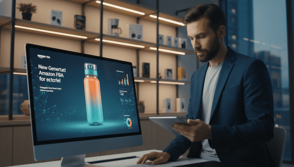 A modern, sleek workspace showcasing the impact of AI on product images. In the foreground, a high-resolution computer screen displays a vibrant, AI-generated image of an Amazon FBA product, meticulously enhanced to highlight its features, colors, and textures. The middle layer features a professional person in smart casual attire, intently analyzing the image, with a digital tablet in hand displaying analytics. In the background, there are shelves filled with various products, softly lit by warm, ambient lighting that creates a cozy yet focused atmosphere. The overall mood is professional and innovative, reflecting the transformative power of AI in enhancing visual marketing for e-commerce. The composition is shot from a slight angle, with a depth of field that blurs the background while keeping the foreground sharp.