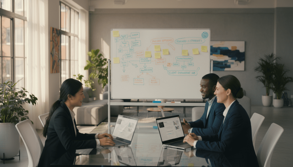 A modern, spacious office environment serving as a therapist's private practice. In the foreground, a diverse group of three professionals—one woman of Asian descent, one man of African descent, and one woman of Caucasian descent—are engaged in a collaborative brainstorming session. They are dressed in professional business attire, seated around a sleek glass conference table with laptops open, showcasing AI tools on screens. In the middle ground, a large whiteboard displays colorful diagrams illustrating personalized AI strategies for client engagement. Soft, natural light streams in through large windows, creating a warm and inviting atmosphere. In the background, plants and contemporary furniture add to the feeling of a thriving workspace. The overall mood is optimistic and innovative, emphasizing teamwork and technology.
