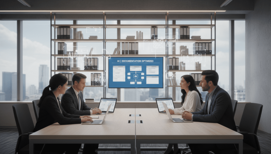 A modern, well-organized office workspace illustrating the concept of enhancing session support and documentation workflow. In the foreground, a diverse group of professionals in business attire engaged in collaborative discussions around a large conference table, with laptops and digital tablets showcasing organized notes and session documentation. In the middle, shelves lined with neatly arranged files and AI-driven tools prominently displayed, hinting at advanced technologies for optimizing workflow. The background features large windows allowing natural light to flood the room, creating a bright and inviting atmosphere. Soft, ambient lighting adds a touch of warmth, fostering a sense of productivity and teamwork. The overall mood is focused, innovative, and professional, symbolizing efficiency in private practice. A modern, well-organized office workspace illustrating the concept of enhancing session support and documentation workflow. In the foreground, a diverse group of professionals in business attire engaged in collaborative discussions around a large conference table, with laptops and digital tablets showcasing organized notes and session documentation. In the middle, shelves lined with neatly arranged files and AI-driven tools prominently displayed, hinting at advanced technologies for optimizing workflow. The background features large windows allowing natural light to flood the room, creating a bright and inviting atmosphere. Soft, ambient lighting adds a touch of warmth, fostering a sense of productivity and teamwork. The overall mood is focused, innovative, and professional, symbolizing efficiency in private practice.