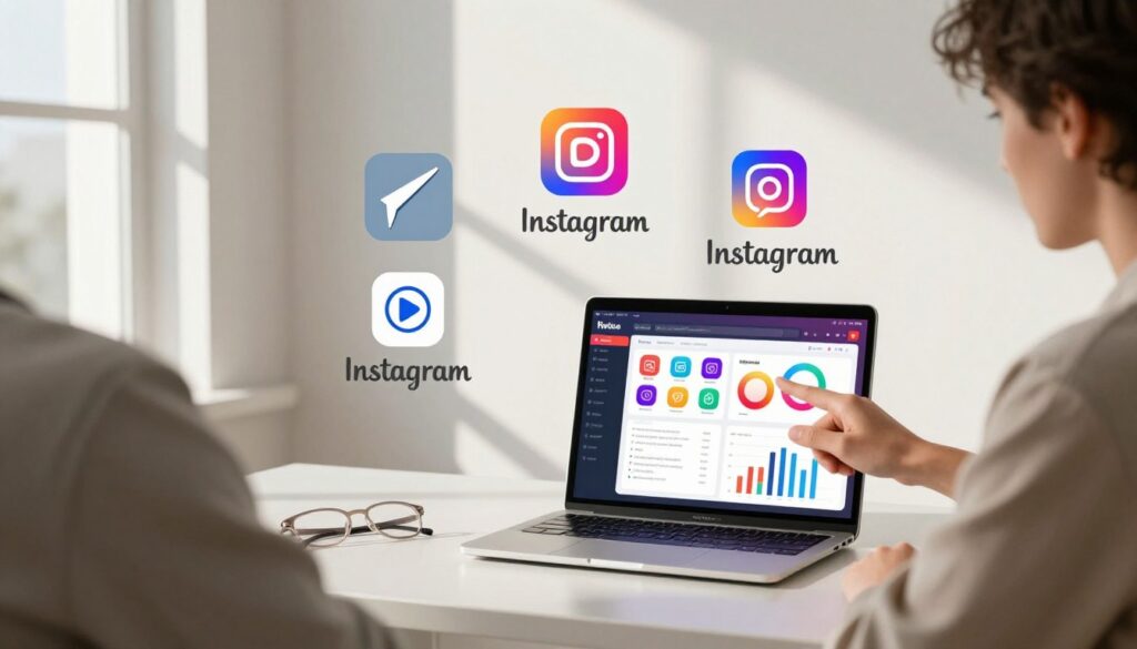 A modern workspace featuring a sleek desk with a laptop open to a vibrant Instagram interface displaying diverse AI tool icons. In the foreground, a person in smart casual attire thoughtfully analyzing data on the screen, gesturing towards an array of colorful charts and graphics showcasing engagement metrics. The middle layer showcases various AI tools arranged like a toolkit, each tool's icon distinct and visually engaging, set against a clean, minimalistic background. Bright, natural lighting filters through a window, casting soft shadows that create a warm and inviting atmosphere. The overall mood should feel professional yet creative, inspiring innovation in content creation for social media.