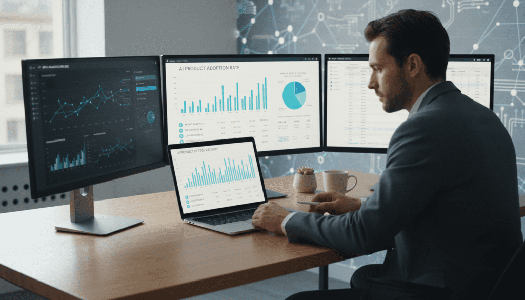 A modern workspace featuring a sleek laptop and multiple screens displaying data analytics and charts related to AI product research tools. In the foreground, a professional individual in business attire analyzes the data, emphasizing a focused expression. The middle ground showcases digital graphs, product listings, and key performance indicators illuminated on the screens. In the background, an abstract representation of artificial intelligence, like neural network patterns or circuit designs, subtly enhances the technology theme. Soft, natural lighting brightens the scene, casting gentle reflections on the devices, creating a productive and innovative atmosphere. The composition is framed from a slightly elevated angle, giving a comprehensive view of the research process in action.
