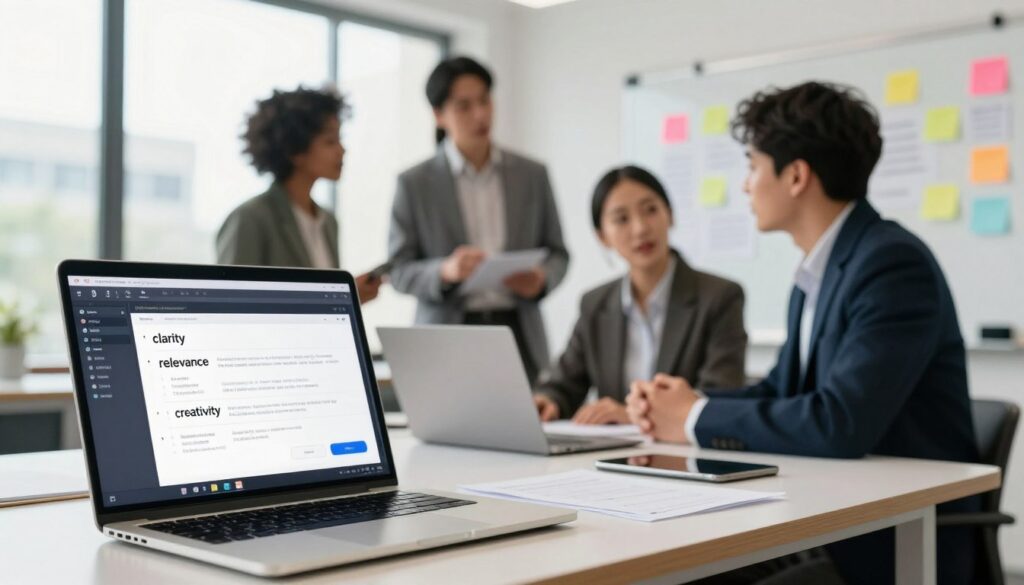 A modern workspace setting featuring key elements representing high-quality AI captions. In the foreground, a sleek laptop open with an engaging AI caption generator interface displayed, highlighting phrases like "clarity," "relevance," and "creativity" on the screen. In the middle, a diverse group of three professionals in smart business attire are discussing ideas, surrounded by brainstorming notes and colorful post-it notes on a whiteboard. The background includes a bright, airy office with large windows, allowing natural light to flood in, creating an inspiring atmosphere. Use a shallow depth of field to emphasize the interactions among the professionals and the laptop screen while softly blurring the background, enhancing the focus on the key elements of captions. The mood should be collaborative, innovative, and vibrant, inviting viewers to appreciate the art of crafting effective AI captions.
