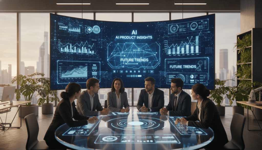 A modern workspace showcasing the concept of "Harnessing AI for Product Research." In the foreground, a diverse group of professionals, dressed in business attire, engaged in animated discussion, examining charts and data analytics on sleek digital devices. The middle ground features a large screen displaying AI-driven insights and product trends, with glowing data visualizations. The background showcases a contemporary office environment with glass walls, greenery, and high-tech devices. Soft lighting adds a warm, collaborative atmosphere, while a lens effect creates depth, emphasizing the interaction between the team and their technological tools. The overall mood is innovative, focused, and inspiring, highlighting the synergy of AI and teamwork in shaping future product research.
