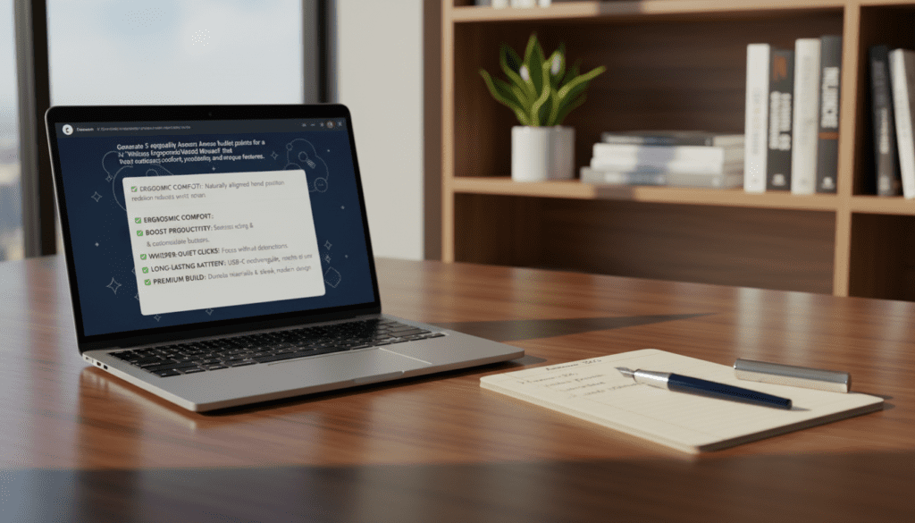 A modern workspace with a sleek wooden desk in the foreground, featuring a laptop displaying a structured ChatGPT prompt for Amazon bullet points. The middle layer showcases a notepad with neatly handwritten notes and a stylish fountain pen, adding an air of professionalism. In the background, a softly blurred bookshelf filled with business books and a potted plant create a warm atmosphere. Natural light filters through a large window, casting gentle shadows and highlighting the vibrant colors of the workspace. The scene conveys a mood of productivity and creativity, ideal for illustrating the concept of using ChatGPT effectively for writing appealing Amazon bullet points.