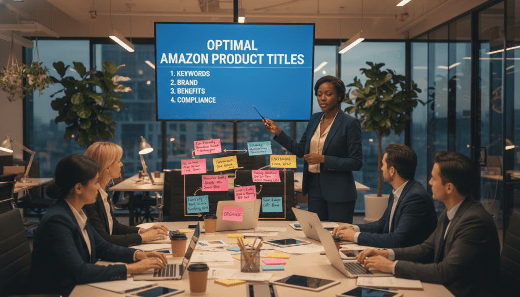 A professional business setting featuring a diverse group of individuals collaborating at a sleek table covered with laptops, digital tablets, and marketing notes. In the foreground, a woman in business attire points at a large screen displaying key elements of effective Amazon product titles. The middle ground highlights various title examples creatively arranged on sticky notes, showcasing keywords and strategies for maximum visibility. In the background, soft ambient lighting brightens a contemporary office space with glass walls and greenery, creating a productive atmosphere. The perspective is dynamic, capturing both teamwork and focused brainstorming, evoking a mood of innovation and motivation, suitable for a strategic marketing article. The image should convey an air of professionalism and inspiration.