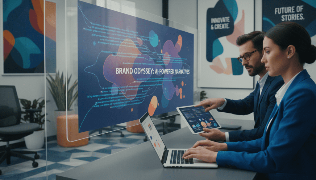 A professional business setting, featuring a diverse group of individuals collaborating on brand storytelling using AI technology. In the foreground, a confident woman in a smart blazer is typing on a sleek laptop, while a man with glasses gestures toward a digital tablet displaying analytics and creative visuals. In the middle, a large screen showcases flowing lines of text and visually engaging graphics representing a brand story's evolution. The background consists of modern office décor with vibrant colors and motivational posters about creativity and innovation. Soft, diffused lighting creates an inviting atmosphere, enhancing the focus on collaboration. The composition captures a sense of dynamic engagement and professional energy, illustrating the intersection of AI and storytelling in brand development.