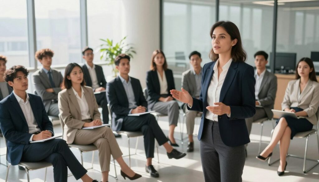 A professional businesswoman in a modern office setting, confidently delivering her elevator pitch to a small group of attentive listeners. In the foreground, she stands with an open stance, dressed in a smart blazer and tailored trousers, exuding professionalism and charisma. The middle layer features the engaged audience consisting of diverse individuals in business attire, showing expressions of interest and curiosity. The background showcases a sleek office with large windows letting in natural light, casting soft shadows and creating a welcoming atmosphere. The overall mood is inspiring and energetic, emphasizing the importance of effective communication in business. The composition should utilize a slightly elevated angle to highlight the speaker's presence while capturing the audience's engagement.