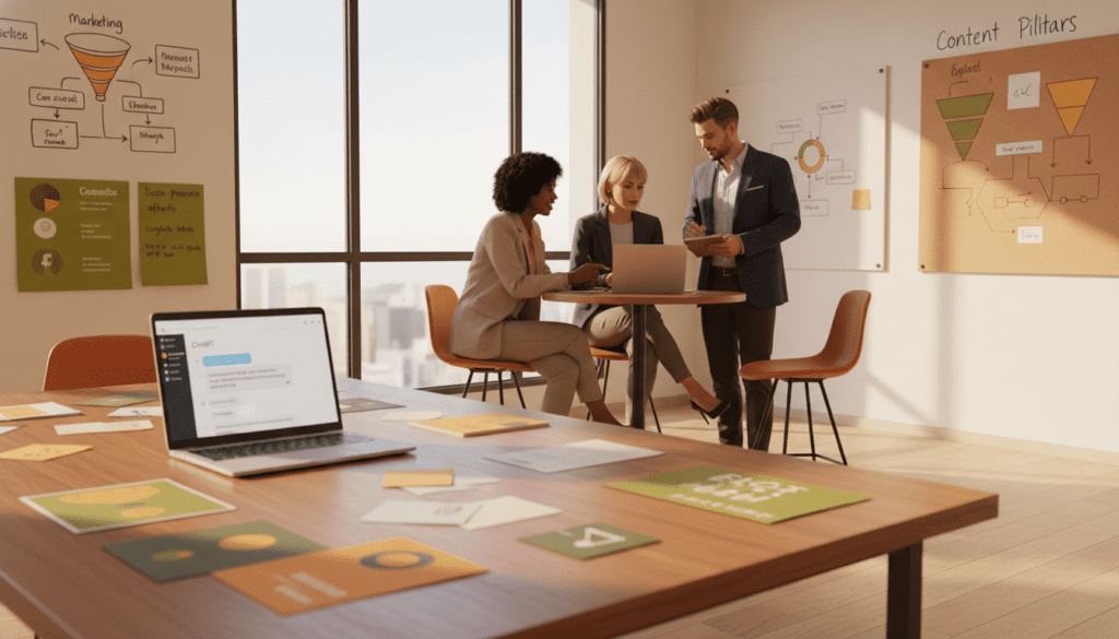 A professional, modern office space with a sleek, minimalistic design featuring a large wooden desk in the foreground, scattered with colorful marketing materials and a laptop displaying ChatGPT in action. In the middle ground, a diverse team of three individuals—two women and one man—dressed in professional business attire, are engaged in a brainstorming session with one pointing at the laptop, while the others take notes. The background shows a large window with natural light streaming in, casting soft shadows across the room. The atmosphere is collaborative and energetic, with inspiration boards and charts on the walls illustrating concepts of creative content and marketing strategies. Use a warm color palette with soft lighting to create an inviting and productive mood. The lens should create a slight depth of field effect for a professional touch.