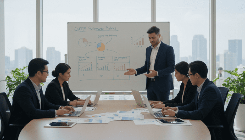 A professional setting illustrating a team engaged in a ChatGPT performance improvement plan. In the foreground, a diverse group of four professionals, men and women of various ethnicities, are collaborating at a sleek conference table, with laptops open and documents spread out, dressed in smart business attire. In the middle ground, a large whiteboard displays colorful charts and graphs showing data analytics related to ChatGPT performance metrics. In the background, a bright, modern office with floor-to-ceiling windows allows natural light to illuminate the space, creating a welcoming and productive atmosphere. The scene captures a sense of teamwork, innovation, and focus, ideal for an article on enhancing AI performance. A professional setting illustrating a team engaged in a ChatGPT performance improvement plan. In the foreground, a diverse group of four professionals, men and women of various ethnicities, are collaborating at a sleek conference table, with laptops open and documents spread out, dressed in smart business attire. In the middle ground, a large whiteboard displays colorful charts and graphs showing data analytics related to ChatGPT performance metrics. In the background, a bright, modern office with floor-to-ceiling windows allows natural light to illuminate the space, creating a welcoming and productive atmosphere. The scene captures a sense of teamwork, innovation, and focus, ideal for an article on enhancing AI performance.