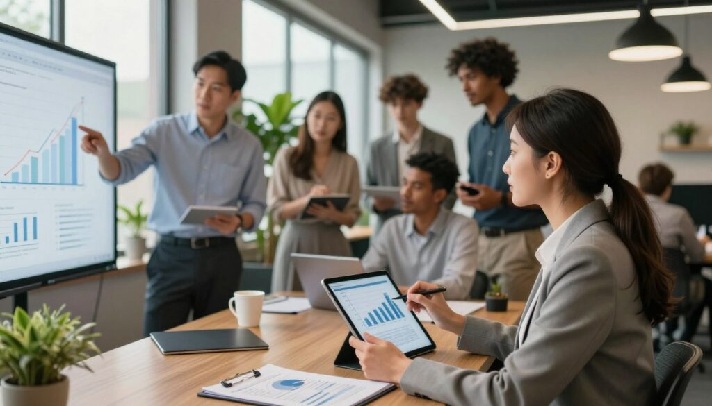 A professional setting showcasing a diverse group of business professionals engaged in collaborative performance feedback development. In the foreground, a focused woman in business attire is analyzing a performance chart on her tablet, while a man next to her gestures toward a digital whiteboard displaying growth metrics. In the middle, a diverse team discusses feedback strategies, surrounded by plants and modern office decor, exuding a warm, productive atmosphere. The background features large windows with soft, natural light filtering in, creating an inviting workspace. The lighting emphasizes a sense of teamwork and innovation, capturing the essence of AI tools enhancing performance and development processes. The mood is collaborative and forward-thinking, conducive to discussion and growth. A professional setting showcasing a diverse group of business professionals engaged in collaborative performance feedback development. In the foreground, a focused woman in business attire is analyzing a performance chart on her tablet, while a man next to her gestures toward a digital whiteboard displaying growth metrics. In the middle, a diverse team discusses feedback strategies, surrounded by plants and modern office decor, exuding a warm, productive atmosphere. The background features large windows with soft, natural light filtering in, creating an inviting workspace. The lighting emphasizes a sense of teamwork and innovation, capturing the essence of AI tools enhancing performance and development processes. The mood is collaborative and forward-thinking, conducive to discussion and growth.
