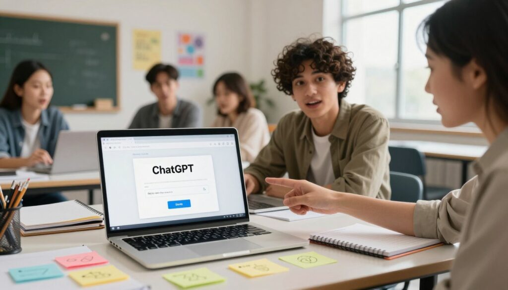 A professional setting showing a step-by-step guide on using ChatGPT for parent emails. Foreground: a well-organized desk with a laptop open, displaying a sleek ChatGPT interface, surrounded by notepads and colorful sticky notes with illustrated steps. Middle ground: a diverse group of educators, one man and two women, dressed in smart casual attire, discussing ideas enthusiastically, pointing towards the laptop screen. Background: a cozy classroom environment with motivational posters on the walls, soft lighting streaming through a window. The atmosphere is engaging and collaborative, encouraging a sense of productivity and connection. The image should evoke clarity and support, emphasizing teamwork in communication.