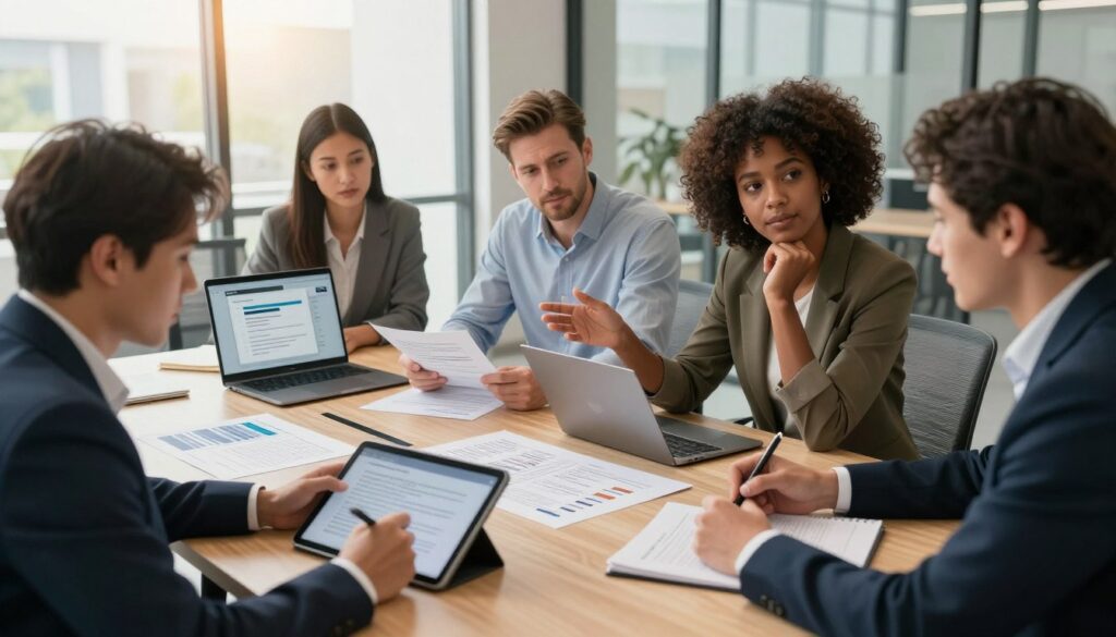 A professional setting where a diverse group of four individuals collaborate around a large conference table. In the foreground, a person of Asian descent in business attire writes down ideas on a digital tablet, while a Black woman gestures confidently, presenting her thoughts. The middle ground features a white man reviewing notes on printed job descriptions, and a Hispanic woman stares thoughtfully at a laptop, examining an AI interface for crafting prompts. The background showcases a modern office with large windows allowing warm, natural light to flood the space, reflecting an atmosphere of innovation and teamwork. The lens captures a slightly elevated angle, emphasizing engagement and creativity among the team as they brainstorm effective prompts for job descriptions.