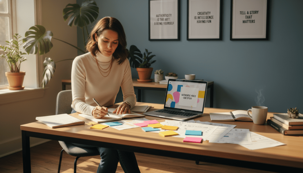 A professional storyteller in a cozy office environment, seated at a stylish wooden desk, is thoughtfully crafting a brand narrative. She is depicted wearing smart casual attire, with open notebooks, colorful sticky notes, and a laptop showcasing a vibrant, visually appealing brand presentation. Sunlight streams through a large window, creating a warm, inviting atmosphere, with plants in the background adding a touch of life. The walls are adorned with framed quotes about authenticity and creativity. The image captures a sense of focus and inspiration, emphasizing the importance of maintaining authenticity in brand storytelling, while highlighting a human touch through thoughtful expression and a comfortable workspace. The photo is taken from a slight angle, showcasing depth and inviting the viewer into the scene.