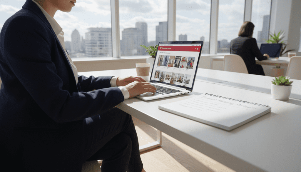 A professional woman in business attire, sitting at a sleek desk, intently setting up her Pinterest business account on a laptop. The foreground features her hands typing on the keyboard, with a colorful Pinterest interface displayed on the screen. In the middle, a notepad with handwritten notes about best practices for Pinterest marketing is visible. The background shows a modern office space with large windows allowing natural light to pour in, casting soft shadows. The atmosphere feels vibrant and motivated, reflecting a sense of creativity and organization. The scene is captured with a slightly angled wide shot to give a sense of depth, emphasizing the focus on the workspace and digital setup.