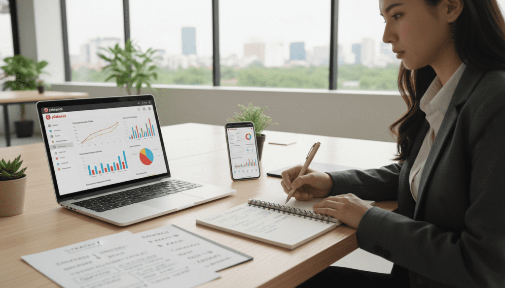 A professional workspace featuring a sleek desk with a modern laptop displaying Pinterest analytics graphs and charts, illustrating performance metrics such as engagement rates and audience demographics. In the foreground, a focused businesswoman in professional attire analyzes the data, taking notes with a stylish pen. In the middle, there are analytical tools, like a smartphone displaying the Pinterest app and a notepad filled with insights. The background showcases a bright and airy office space with large windows letting in soft natural light, giving a fresh and motivating atmosphere. The overall mood is one of productivity and success, emphasizing the importance of analytics in digital marketing strategies.