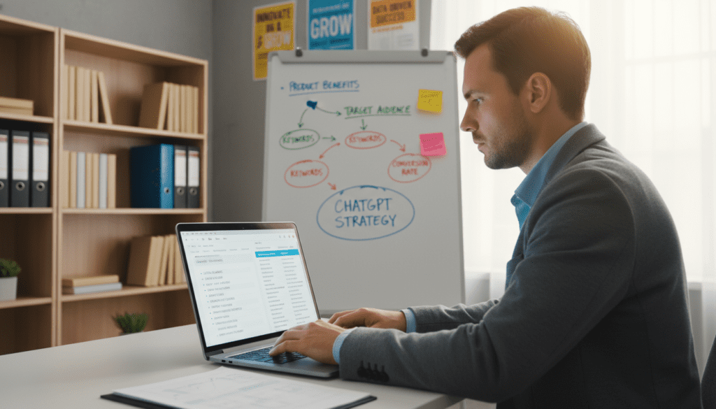 A professional workspace illustrating the concept of "ChatGPT Amazon bullet points optimization." In the foreground, a laptop displays a screen filled with bullet points and keyword lists, glowing with a soft blue light. A focused businessperson in professional attire types with a thoughtful expression, positioned slightly to the side, casting a gentle shadow. In the middle ground, a whiteboard features colorful notes and diagrams related to product descriptions and SEO strategies. The background shows an organized office environment with bookshelves and motivational posters, enhancing the atmosphere of productivity and creativity. The lighting is bright and warm, creating an inviting yet focused mood, captured with a slight depth of field to emphasize the foreground elements while keeping the background slightly blurred.