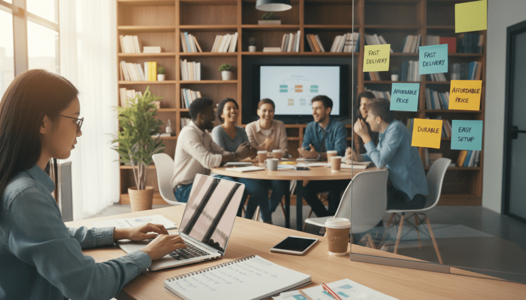 A professional workspace scene depicting a diverse group of individuals collaborating on a creative project. In the foreground, a person typing on a laptop, visibly focused, with a notepad filled with bullet points. Beside them, a whiteboard with sticky notes showcasing shopper intent keywords. In the middle ground, several colleagues engaged in a brainstorming session, sharing ideas around a table cluttered with coffee cups and digital devices. Soft, natural light filters through a large window, creating an inviting atmosphere. The background features bookshelves filled with marketing and sales literature, further emphasizing the theme of effective communication. The overall mood is dynamic and productive, highlighting a bustling yet focused environment for crafting compelling bullet points tailored to shopper intent.