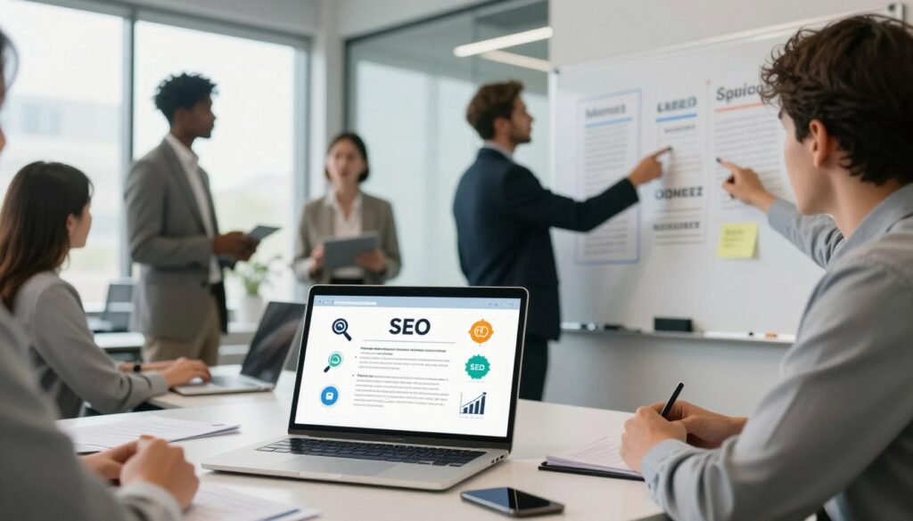 A professional workspace with a modern desk in the foreground, featuring a laptop displaying a job description on the screen surrounded by SEO-related icons like magnifying glasses and graphs. In the middle, a diverse group of professionals dressed in business attire is engaged in a brainstorming session, pointing at a whiteboard filled with keywords and notes on optimizing SEO for job descriptions. The background showcases a sleek office environment with large windows letting in natural light, creating a bright and motivating atmosphere. The scene captures a collaborative and innovative mood, emphasizing productivity and the integration of AI tools. The image should be well-lit, shot from a slight angle to create depth and dimension, highlighting the interaction between the individuals and their focus on the task at hand.