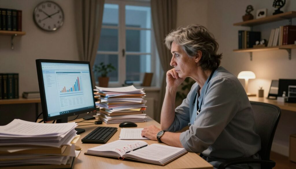 A seasoned mental health professional sits at a cluttered desk in a warmly lit office, surrounded by stacks of paperwork and a glowing computer screen displaying charts. The foreground features an open planner with crossed-out appointments, symbolizing overwork. In the middle ground, a window with drawn curtains reveals a dimly lit, empty waiting room, reflecting feelings of isolation. A wall clock shows late evening hours, enhancing the sense of fatigue. The background features shelves lined with psychology books and personal mementos, hinting at the emotional toll of their work. The overall mood is somber yet introspective, captured with soft, warm lighting to evoke empathy and awareness of burnout in therapists. A seasoned mental health professional sits at a cluttered desk in a warmly lit office, surrounded by stacks of paperwork and a glowing computer screen displaying charts. The foreground features an open planner with crossed-out appointments, symbolizing overwork. In the middle ground, a window with drawn curtains reveals a dimly lit, empty waiting room, reflecting feelings of isolation. A wall clock shows late evening hours, enhancing the sense of fatigue. The background features shelves lined with psychology books and personal mementos, hinting at the emotional toll of their work. The overall mood is somber yet introspective, captured with soft, warm lighting to evoke empathy and awareness of burnout in therapists.
