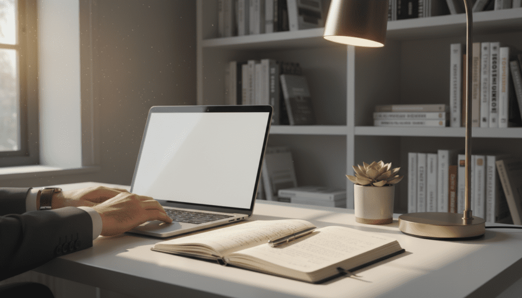 A serene and organized workspace, depicting a therapist's desk with a sleek laptop, an open notebook filled with neat handwriting, and a stylish pen. In the foreground, a hand can be seen typing notes efficiently, capturing key insights, dressed in professional attire. The middle ground features a calming plant and a stylish lamp casting warm, gentle light over the scene. In the background, soft focus shows shelves with neatly arranged books on therapy and AI, symbolizing knowledge and innovation. The atmosphere is focused and productive, embodying a sense of clarity and efficiency, with natural light streaming in from a window, creating a warm and inviting ambiance. A serene and organized workspace, depicting a therapist's desk with a sleek laptop, an open notebook filled with neat handwriting, and a stylish pen. In the foreground, a hand can be seen typing notes efficiently, capturing key insights, dressed in professional attire. The middle ground features a calming plant and a stylish lamp casting warm, gentle light over the scene. In the background, soft focus shows shelves with neatly arranged books on therapy and AI, symbolizing knowledge and innovation. The atmosphere is focused and productive, embodying a sense of clarity and efficiency, with natural light streaming in from a window, creating a warm and inviting ambiance.