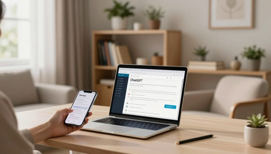 A serene home office setting designed for therapists using ChatGPT, with a modern, minimalist desk featuring a laptop open to a ChatGPT interface. In the foreground, a hand reaches for a smartphone displaying therapy prompts. The middle ground showcases light wood shelves filled with psychology books and calming decor, like potted plants. The background features a softly illuminated window with sheer curtains allowing natural light to stream in, creating a warm and inviting atmosphere. A cozy armchair sits nearby, enhancing the inviting mood. Soft-focus bokeh effects add depth to the scene, suggesting a peaceful, productive environment for therapy sessions. The lighting is soft and diffused, radiating a calming ambiance, emphasizing professionalism and focus.