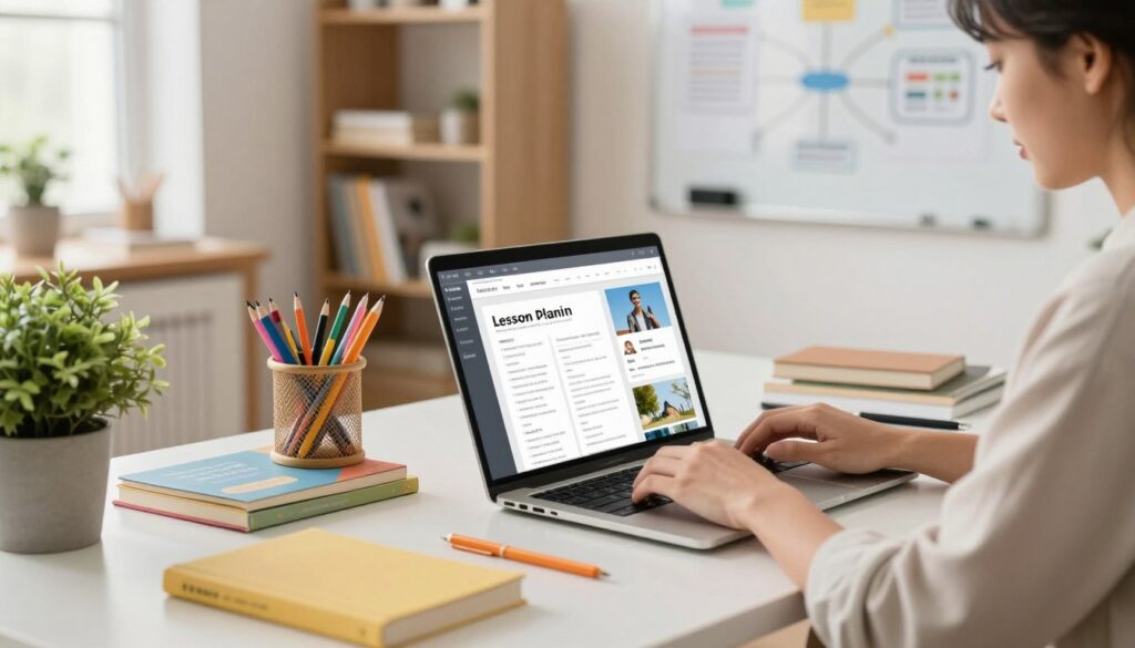 A serene, modern workspace for lesson planning featuring a sleek laptop open to a digital interface displaying lesson templates and educational resources. In the foreground, a person in professional casual attire is intently typing, with a thoughtful expression, emphasizing focus and productivity. In the middle, colorful stationery and educational books are neatly arranged on the desk, alongside a potted plant for a touch of nature. The background shows a soft, light-filled room with shelves filled with organized educational materials and a whiteboard covered in mind maps and diagrams. Warm, natural lighting floods the scene, creating an inviting atmosphere for creativity and learning, captured from a slightly elevated angle to offer a comprehensive view of the entire workspace. A serene, modern workspace for lesson planning featuring a sleek laptop open to a digital interface displaying lesson templates and educational resources. In the foreground, a person in professional casual attire is intently typing, with a thoughtful expression, emphasizing focus and productivity. In the middle, colorful stationery and educational books are neatly arranged on the desk, alongside a potted plant for a touch of nature. The background shows a soft, light-filled room with shelves filled with organized educational materials and a whiteboard covered in mind maps and diagrams. Warm, natural lighting floods the scene, creating an inviting atmosphere for creativity and learning, captured from a slightly elevated angle to offer a comprehensive view of the entire workspace.