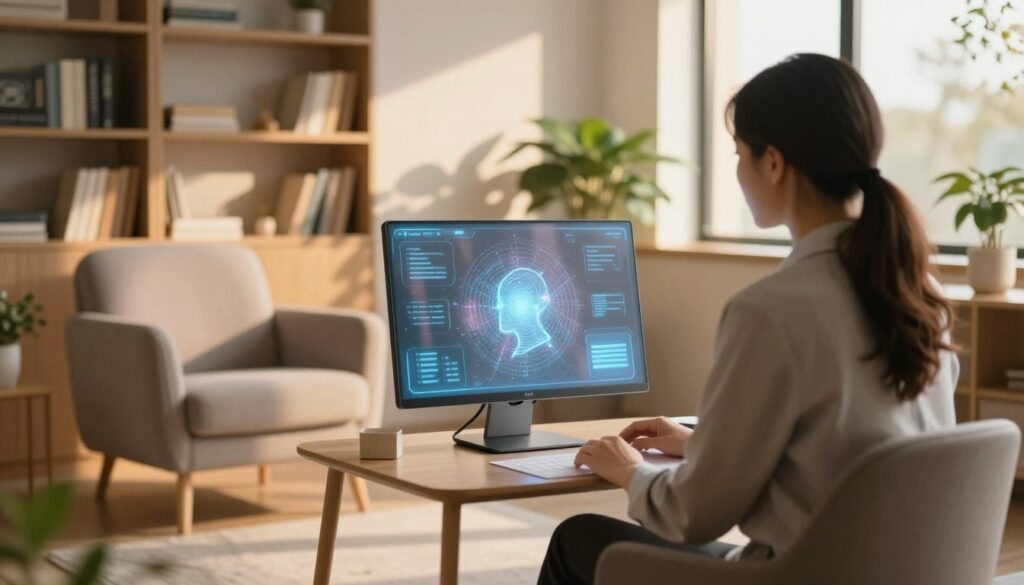 A serene office environment designed for AI therapy sessions. In the foreground, a professional therapist in business attire is sitting across from a modern, sleek virtual interface displaying abstract AI patterns, symbolizing data processing and conversation. The middle ground features a cozy counseling space with a comfortable armchair, soft lighting, and a potted plant, conveying a welcoming atmosphere. The background includes shelves filled with books on psychology and technology, emphasizing knowledge and ethical considerations. Golden hour sunlight filters through a window, creating warm shadows that add depth and tranquility to the scene. The overall mood is one of professionalism, trust, and peace, highlighting the critical balance of privacy and ethics in AI-assisted therapy.