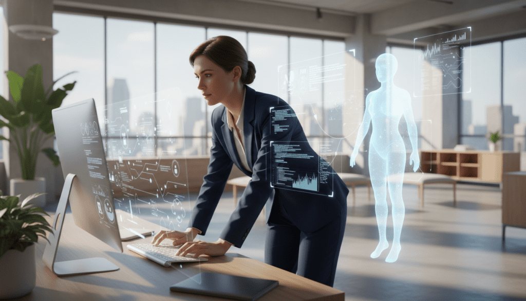 A serene office environment illustrating "Balancing Automation with Human Touch." In the foreground, a professional woman in business attire interacts with a sleek, modern computer interface displaying automated processes. She has a thoughtful expression, showcasing human intuition in her decision-making. In the middle, a virtual assistant hologram hovers beside her, representing cutting-edge technology assisting her work. The background features a bright, open office space with large windows, allowing natural light to flood in, creating a warm and inviting atmosphere. Soft shadows cast across the room enhance the sense of depth. The overall mood conveys harmony between technology and human involvement, emphasizing collaboration and efficiency. Use a slight angle to emphasize the interaction between the woman and the hologram.