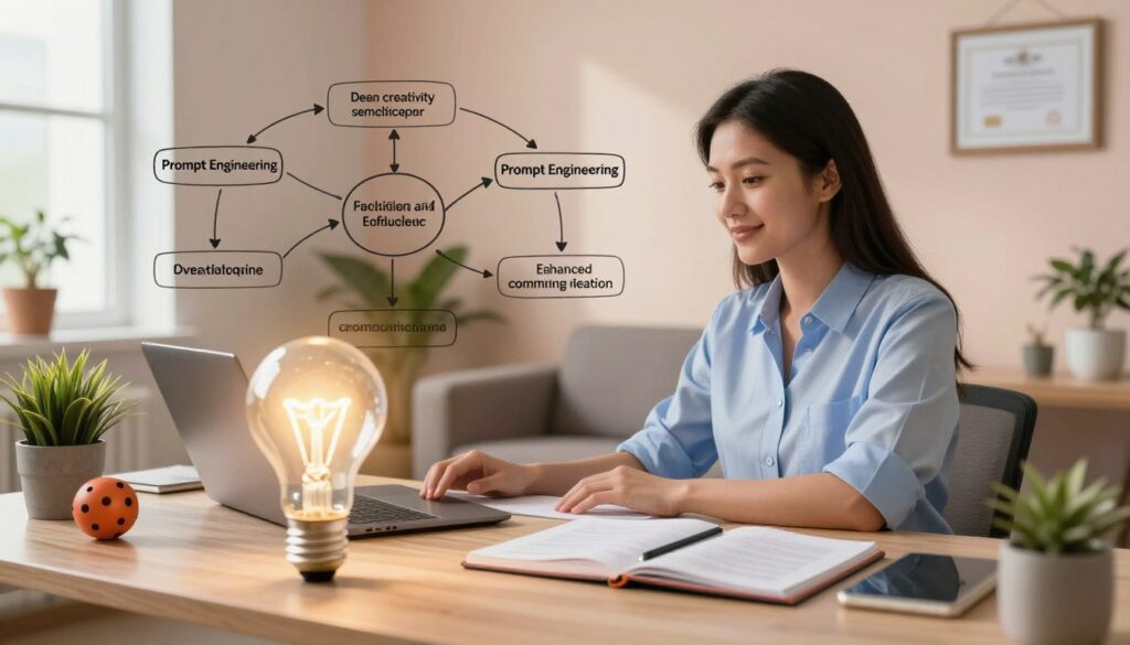 A serene office space designed for therapists, featuring a professional therapist sitting at a desk cluttered with notebooks, a laptop, and calming items like plants and a stress ball. In the foreground, a glowing light bulb symbolizing ideas and innovation shines brightly, casting a soft light. In the middle, a dynamic flowchart illustrating the benefits of prompt engineering unfurls across the desk, highlighting concepts like creativity, efficiency, and enhanced communication. The background showcases a warm, inviting room with soft pastel walls, framed certificates, and a comfortable therapy couch. Natural light streams in through a window, creating an atmosphere of inspiration and tranquility. The overall mood is uplifting and professional, emphasizing growth and collaboration in the therapy field.