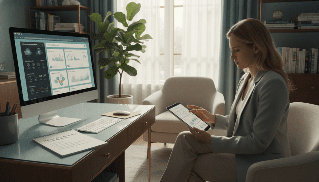 A serene therapist's office, showcasing a sleek computer with various AI marketing tools displayed on the screen. In the foreground, a therapist wearing professional business attire, sitting at a stylish desk, is thoughtfully analyzing data on a digital tablet. The middle ground features a comfortable armchair and a plant, creating a welcoming atmosphere. In the background, a window lets in soft, natural light, illuminating the space and enhancing a sense of calm. Shelves lined with psychology books and a notepad filled with ethical considerations about AI use in marketing complete the scene. The overall mood is professional yet inviting, emphasizing the integration of technology in the therapeutic practice.