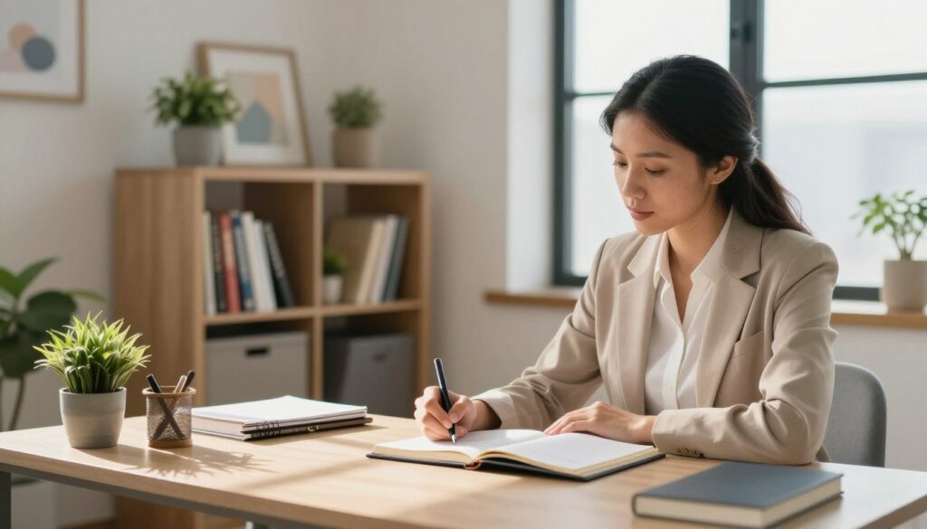 A serene therapist's office, thoughtfully arranged to illustrate boundary-setting and schedule optimization. In the foreground, a diverse therapist, dressed in professional attire, sits at a stylish desk with an open planner, jotting down notes. The mid-section features an organized bookshelf filled with therapeutic books and calming decor, like plants and soothing artwork. The background reveals a large window, allowing natural light to flood the room, creating a warm and inviting atmosphere. Soft shadows cast by the sunlight enhance the sense of tranquility. The mood is calm and focused, emphasizing a balance between professionalism and self-care, perfect for a discussion on managing burnout in private practice. A serene therapist's office, thoughtfully arranged to illustrate boundary-setting and schedule optimization. In the foreground, a diverse therapist, dressed in professional attire, sits at a stylish desk with an open planner, jotting down notes. The mid-section features an organized bookshelf filled with therapeutic books and calming decor, like plants and soothing artwork. The background reveals a large window, allowing natural light to flood the room, creating a warm and inviting atmosphere. Soft shadows cast by the sunlight enhance the sense of tranquility. The mood is calm and focused, emphasizing a balance between professionalism and self-care, perfect for a discussion on managing burnout in private practice.
