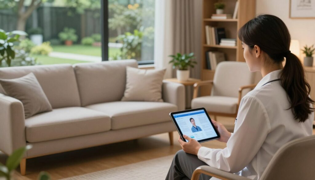 A serene therapy room designed for ethical AI-driven therapy sessions. In the foreground, a professional therapist in business attire, thoughtfully sitting beside a sleek, modern tablet displaying AI interactions. In the middle, a comfortable couch and an elegant armchair are arranged, illuminated by soft, warm lighting creating a welcoming atmosphere. A bookshelf filled with psychology texts and a small plant add a touch of tranquility. In the background, large windows reveal a peaceful garden, symbolizing growth and clarity. The overall mood is calm and reflective, emphasizing the balance of human empathy and technology in therapy. The angle is slightly elevated, providing a comprehensive view of the setting without any distractions or text.