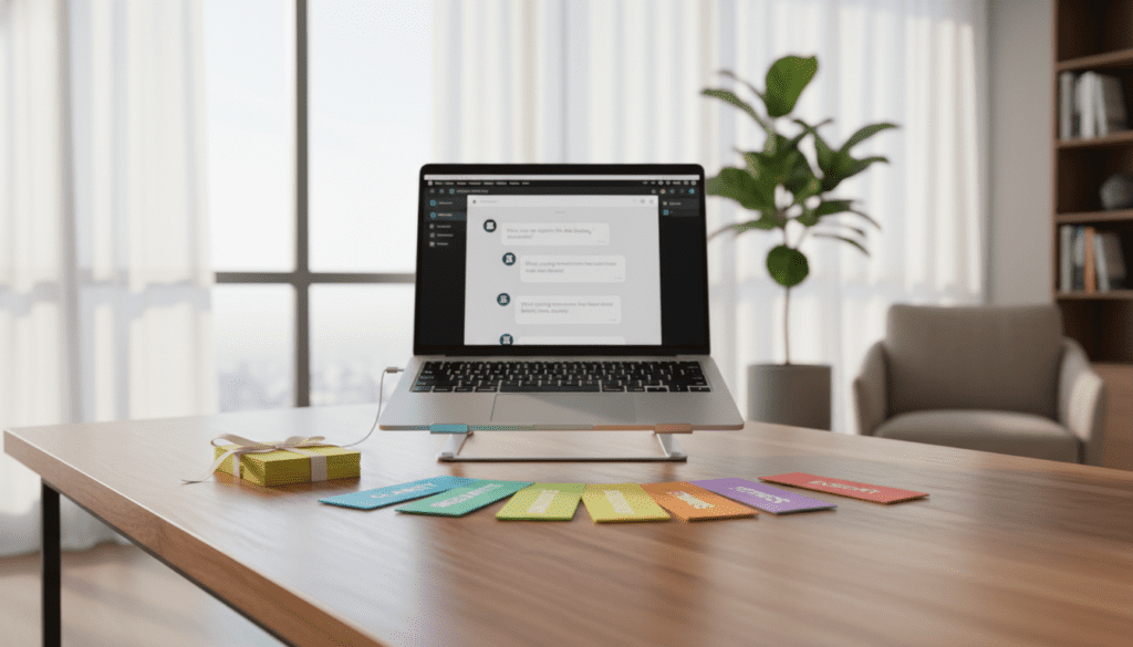 A sleek and modern workspace showcasing the key features of an effective AI prompt pack for therapists. In the foreground, a polished wooden desk displaying a vibrant, organized collection of colorful note cards, each representing a different aspect of the prompt pack, such as clarity, relevance, and adaptability. The middle layer features a laptop with an interface showing AI-generated therapy prompts and a potted plant for a touch of nature. In the background, soft, natural light filters through large windows, casting a warm, inviting glow. The atmosphere feels professional yet approachable, ideal for a therapy setting, emphasizing innovation and clarity in communication. Use a wide-angle lens to capture the entire scene, ensuring focus on the prompt pack elements. A sleek and modern workspace showcasing the key features of an effective AI prompt pack for therapists. In the foreground, a polished wooden desk displaying a vibrant, organized collection of colorful note cards, each representing a different aspect of the prompt pack, such as clarity, relevance, and adaptability. The middle layer features a laptop with an interface showing AI-generated therapy prompts and a potted plant for a touch of nature. In the background, soft, natural light filters through large windows, casting a warm, inviting glow. The atmosphere feels professional yet approachable, ideal for a therapy setting, emphasizing innovation and clarity in communication. Use a wide-angle lens to capture the entire scene, ensuring focus on the prompt pack elements.