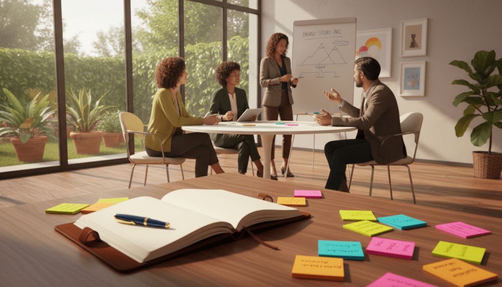 A stylish workspace featuring a supportive environment for crafting brand narratives. In the foreground, an open notebook and elegant pen rest on a polished wooden desk, surrounded by colorful sticky notes that symbolize ideas in motion. The middle ground showcases a diverse group of professionals in smart casual attire, engaged in a collaborative discussion; their expressions show creativity and enthusiasm. The background reveals large windows with natural light streaming in, illuminating greenery outside, creating a refreshing and inspiring atmosphere. Soft shadows add depth, emphasizing the warmth and connectivity of the scene. The overall mood is optimistic and inviting, reflecting a collective journey in building a compelling brand story. A stylish workspace featuring a supportive environment for crafting brand narratives. In the foreground, an open notebook and elegant pen rest on a polished wooden desk, surrounded by colorful sticky notes that symbolize ideas in motion. The middle ground showcases a diverse group of professionals in smart casual attire, engaged in a collaborative discussion; their expressions show creativity and enthusiasm. The background reveals large windows with natural light streaming in, illuminating greenery outside, creating a refreshing and inspiring atmosphere. Soft shadows add depth, emphasizing the warmth and connectivity of the scene. The overall mood is optimistic and inviting, reflecting a collective journey in building a compelling brand story.