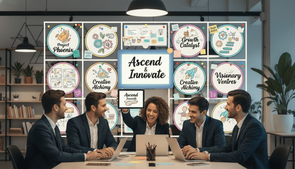 A vibrant Pinterest board collage showcasing transformation success stories, featuring a diverse group of individuals in professional business attire engaged in brainstorming sessions. In the foreground, a person is joyfully presenting a rebranded board name on a tablet, while others are seen exchanging ideas. The middle layer includes a visually appealing display of various board names, illustrated with colorful pins, images, and aesthetics, reflecting creativity and inspiration. The background portrays an inviting workspace with mood lighting highlighting a creative atmosphere, with elegant plants and design elements adding freshness. The overall mood is optimistic and collaborative, capturing the essence of innovation and success through Pinterest board name transformation.
