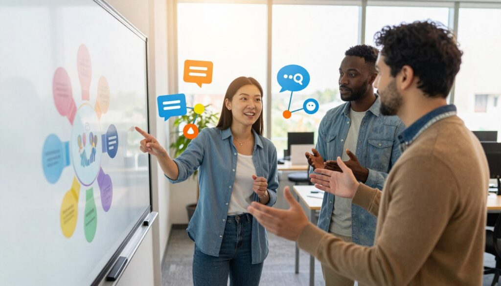 A vibrant and modern classroom setting filled with diverse educators collaborating around a high-tech interactive whiteboard. In the foreground, one teacher gestures towards the screen while pointing at a colorful infographic about teamwork. In the middle ground, two other teachers, one of Asian descent and the other Black, are engaged in deep discussion, surrounded by floating digital icons representing communication — such as speech bubbles, connected nodes, and chat symbols. The background shows large windows letting in warm, natural light, creating an inviting and optimistic atmosphere. The overall mood is energetic and inspiring, highlighting innovation in education. Capture this scene from a slightly elevated angle to provide a clear view of the interactions while maintaining focus on the collaborative spirit of the space.