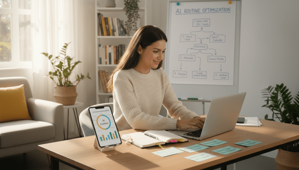 A vibrant and organized workspace illustrating tips for effectively using AI tools in a daily routine. In the foreground, a professional-looking woman in smart casual attire sits at a modern desk, engaging with a laptop while notes and a planner are spread out in neat order. In the middle, various devices like a tablet and smartphone display intuitive AI applications, with colorful charts and reminders visible on the screens. The background features a softly blurred home office setting with light streaming in through a window, creating a warm and inviting atmosphere. The scene is bright and well-lit, capturing a sense of productivity and motivation, encouraging viewers to embrace AI tools in their everyday planning. A vibrant and organized workspace illustrating tips for effectively using AI tools in a daily routine. In the foreground, a professional-looking woman in smart casual attire sits at a modern desk, engaging with a laptop while notes and a planner are spread out in neat order. In the middle, various devices like a tablet and smartphone display intuitive AI applications, with colorful charts and reminders visible on the screens. The background features a softly blurred home office setting with light streaming in through a window, creating a warm and inviting atmosphere. The scene is bright and well-lit, capturing a sense of productivity and motivation, encouraging viewers to embrace AI tools in their everyday planning.