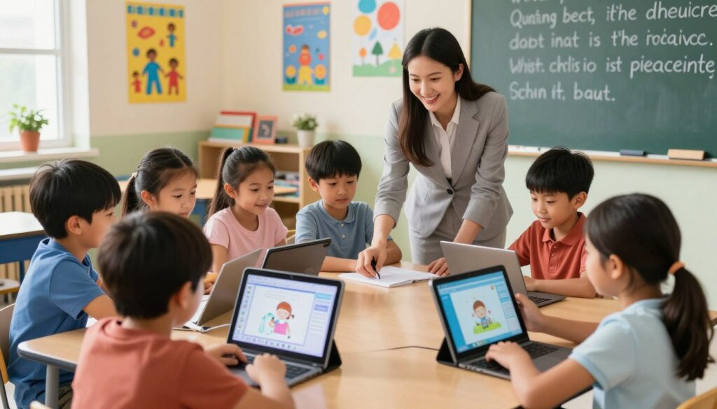 A vibrant classroom scene featuring elementary students engaged with interactive AI tools. In the foreground, a diverse group of children, dressed in modest casual clothing, eagerly gather around tablets and interactive screens, showcasing their creativity with digital art and writing apps. In the middle ground, a friendly teacher, wearing professional attire, facilitates the activity, providing encouragement and guidance. The background displays colorful educational posters and a chalkboard filled with inspiring quotes. The lighting is bright and cheerful, emanating a warm atmosphere that promotes enthusiasm and curiosity. The angle captures the excitement of learning and collaboration, emphasizing the dynamic relationship between students and technology.