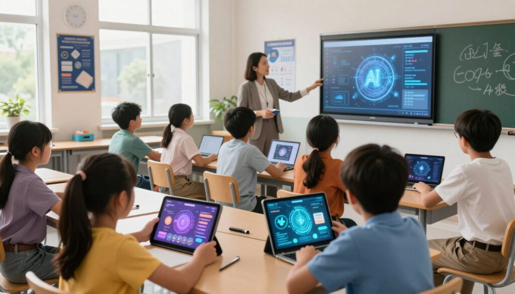 A vibrant classroom scene showcasing the integration of artificial intelligence in education. In the foreground, a diverse group of K-12 students engaged with various AI tools, such as tablets and interactive whiteboards, displaying futuristic educational apps that adapt to individual learning styles. In the middle ground, a teacher is facilitating the lesson, wearing professional attire, while observing the students' progress through a digital dashboard on a laptop. The background features large windows with natural light streaming in, and posters of AI concepts on the walls. The mood is one of collaboration and innovation, emphasizing a bright future in learning. The image should convey a sense of engagement, technology, and a supportive learning environment. Use soft lighting to create an inviting atmosphere, captured with a wide-angle lens to encompass the dynamic space.