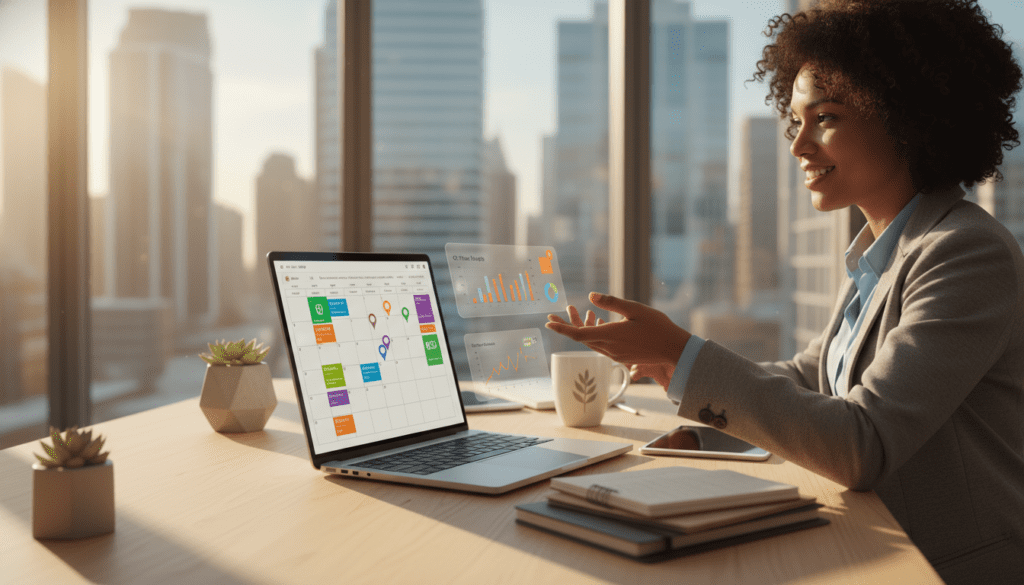 A vibrant, digital workspace showcasing intelligent scheduling and bulk management tools. In the foreground, a sleek laptop displays an organized calendar interface filled with colorful pins and reminders, hinting at efficient time management. A friendly professional, dressed in smart casual attire, engages with the screen, analyzing data trends. In the middle, a modern desk filled with notebooks, a coffee mug, and a plant creates a cozy yet productive environment. The background features a large window with soft, natural light streaming in, illuminating a city skyline, symbolizing growth and opportunity. The atmosphere is optimistic and focused, blending technology and creativity seamlessly. A warm color palette enhances the feeling of dynamism and professionalism.