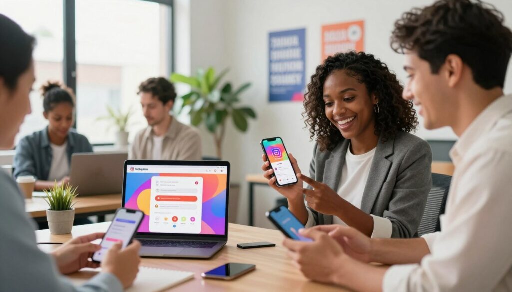 A vibrant office environment showcasing a diverse group of professionals engaging with their smartphones, illustrating the concept of boosting engagement through Instagram Stories. In the foreground, a Black woman in professional attire is animatedly showing her phone screen to a Hispanic man in a smart casual outfit, both smiling and collaborating. In the middle ground, a laptop displays an engaging Instagram Story interface, filled with colorful graphics and interactive elements like polls and question boxes. The background reveals a modern office with bright natural light streaming through large windows, indoor plants, and motivational posters. The atmosphere is energetic and creative, capturing the essence of social media collaboration and interaction, with dynamic compositions that draw the viewer's eye to the idea of connection and engagement.