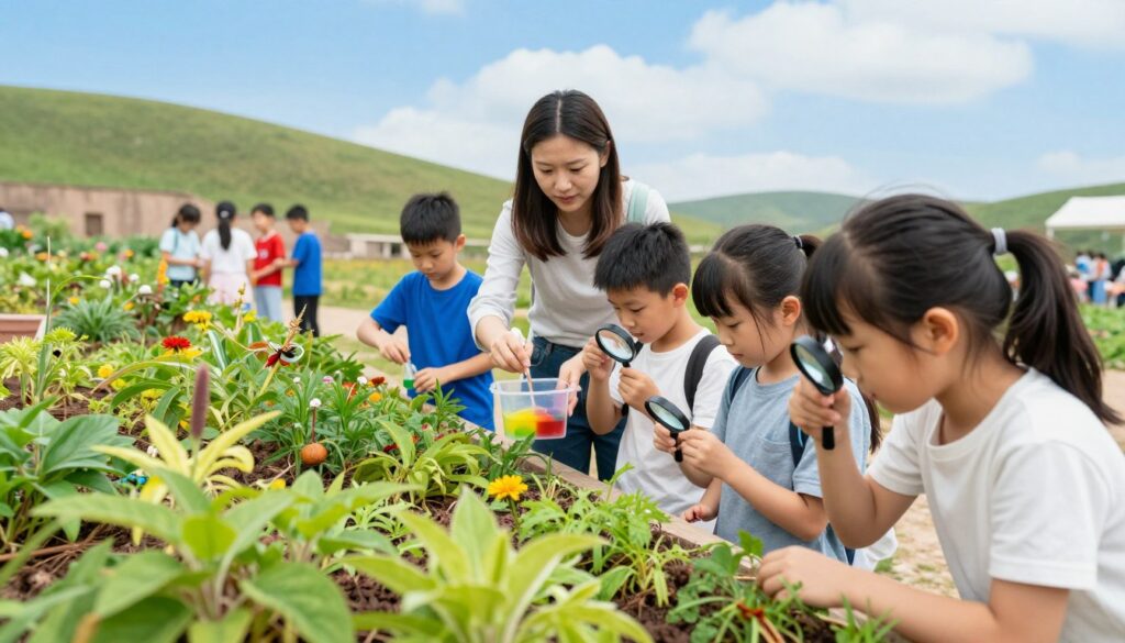 A vibrant outdoor scene illustrating hands-on activities and field trips for homeschool moms. In the foreground, a group of children in modest casual clothing interact with a vibrant nature exhibit, examining plants and insects with magnifying glasses. In the middle ground, a mom supervises a small science experiment where kids are mixing colors in a clear container. The background features a gently rolling landscape under a bright blue sky, with a distant group of children exploring a historical site. Soft, natural lighting enhances the cheerful atmosphere, and the composition uses a wide-angle lens to capture the dynamic interaction and enthusiasm of learning. The scene conveys a sense of adventure, curiosity, and the joy of exploration.